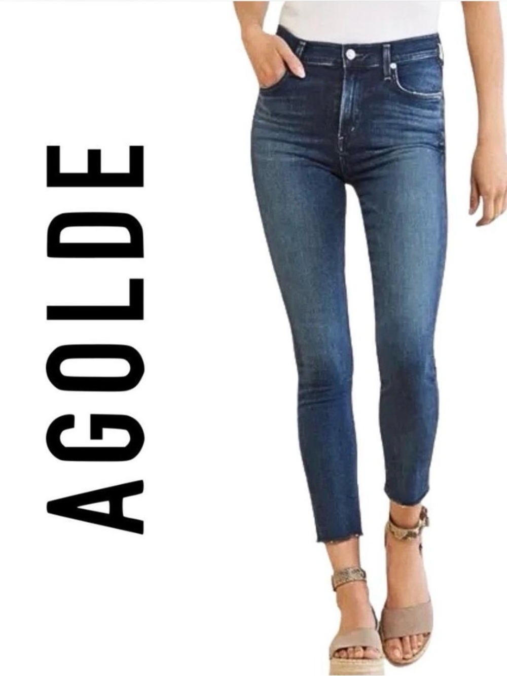 Agolde Sophie Crop Jeans Size 31 Dark Wash Frayed Hem Skinny Leg Mid-Rise Blue
